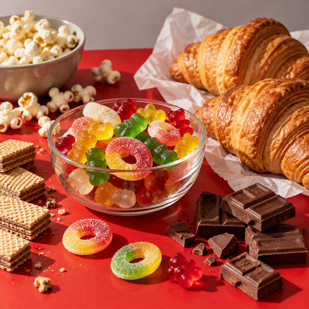 Colourful confectionery, golden pastries, chocolate and popcorn on a red tabletop